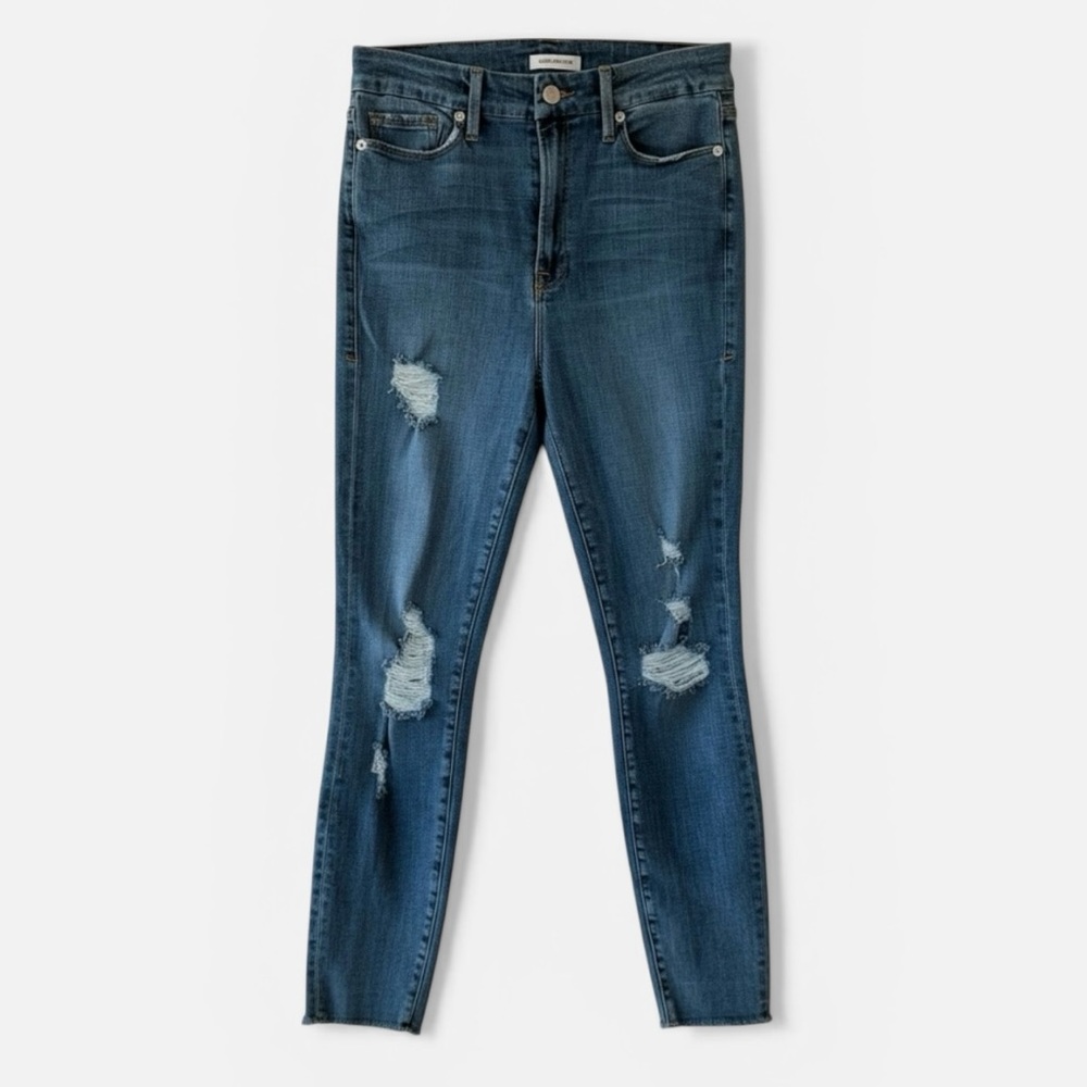 Good American Good Waist Crop Raw Hem Distressed Jeans Blue Womens Size 10/30
